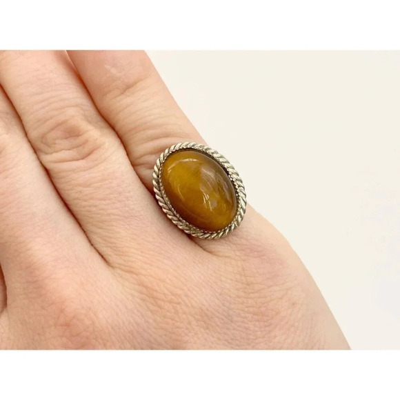 Honey Gold Natural Stone Rope Sterling Silver Unisex Cabochon Ring - sz 5.25 - Picture 7 of 10